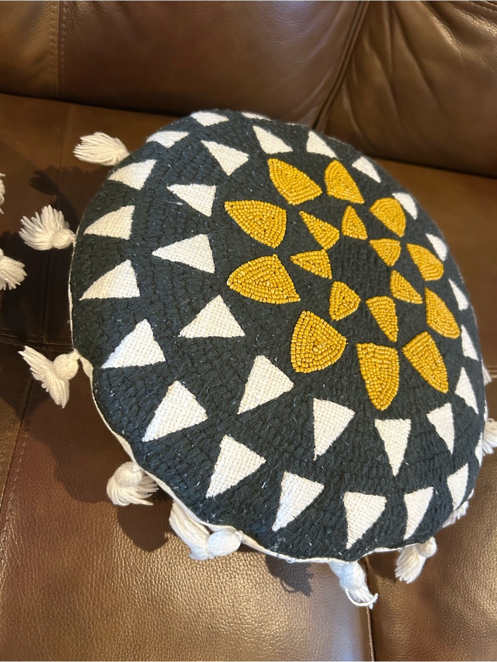 Two Round Decorative Pouf Cushion with Geometric Beadwork-Black, White & Mustard - Picture 7 of 8